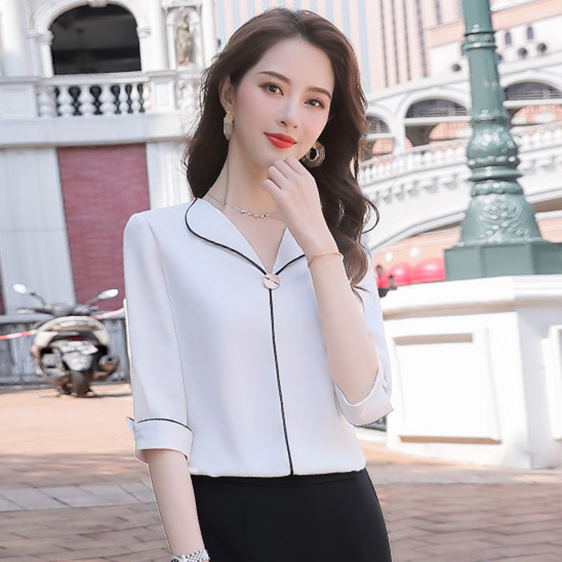 White Office Shirts Blusas Women&s Spring and Summer New Fashion Chiffon V-neck Occupation Half Sleeve Blouse Tops